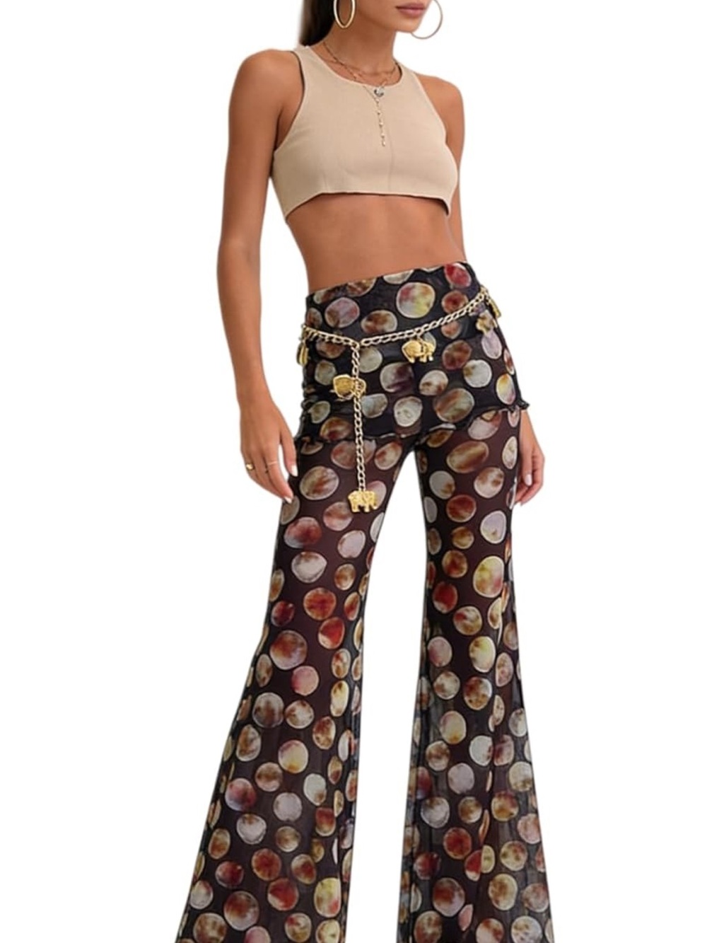 Sheer Mesh Printed Flare Pants